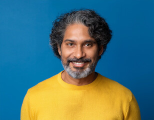 Obraz premium Portrait of Mature Handsome Man Happily Smiling Against Blue Studio Background