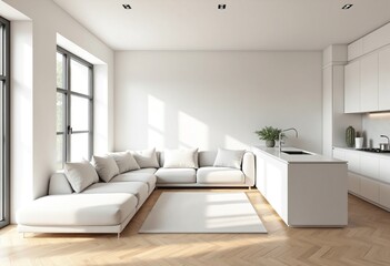 Fototapeta premium Italian style interior of a living room and kitchen in white with a wooden floor, a large sofa near a window