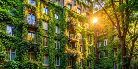 Obraz premium Sunbeams through the leaves illuminate the facade of a building adorned with a cascading tapestry of greenery