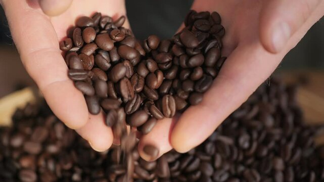 A closeup sequence captures hands delicately handling and releasing aromatic coffee beans in a slow and stylish manner