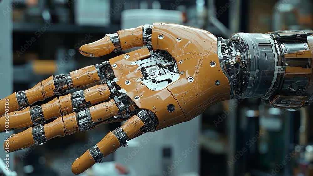 Aufkleber The robotic hand features intricate mechanics and design elements in a technical workshop. Prosthesis