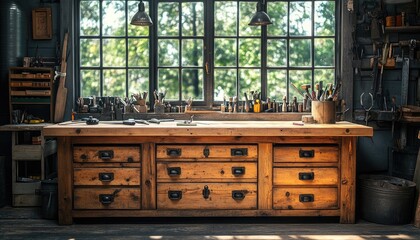 A rustic wooden workbench with drawers. This image is perfect for showcasing DIY projects, woodworking, and craftsmanship.
