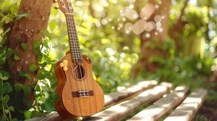 Ukulele Resting on a Wooden Bench in a Lush Garden