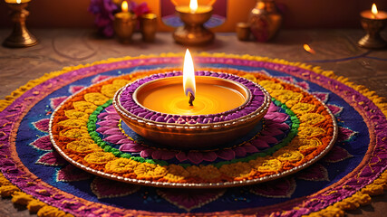 Celebrate Diwali: Festival of Lights with Diya Lamps, Colorful Rangoli, and Bright Floral Decorations &ndash; Greetings for the Hindu Festival of Deepavali. Generative AI