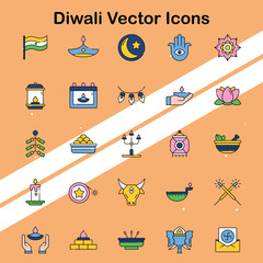 Collection of Diwali icons depicting elements of the Hindu festival of lights ideal for cultural and religious themes.