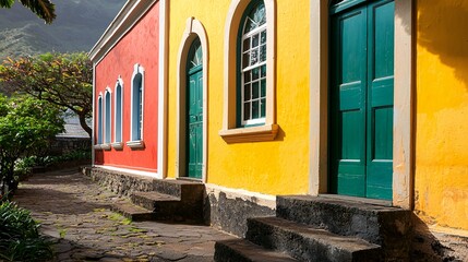 Fototapeta premium Saint Helena features a captivating colonial structure adorned with vibrant doors that embody the island's rich heritage and distinctive architecture.