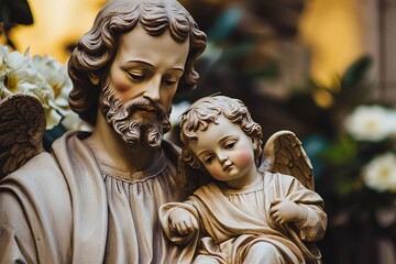 Obraz premium Saint Joseph cradles the Holy Child in a profound embrace, surrounded by emblems of love and faith.