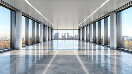 Fototapeta premium Modern empty office space with panoramic city views and polished floors