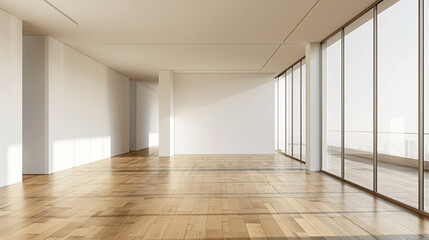 Spacious modern interior with large windows and wooden flooring