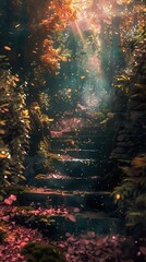 Naklejka premium Enchanted Forest Path: Sunbeams and Falling Leaves
