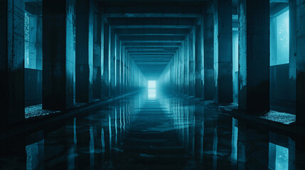 Naklejka premium Mysterious flooded industrial tunnel with blue lighting and reflections