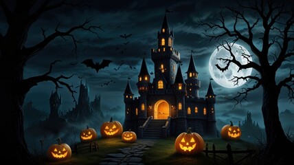 A spooky castle with glowing pumpkins sits under a full moon in a dark forest.