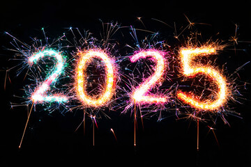 New Years Eve 2025 holiday background with fir branches, christmas balls, gift box and lights 
