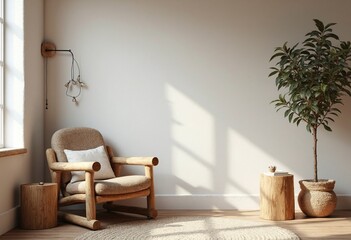 Rustic natural wood log armchair near stucco empty wall with copy space. Boho interior design of modern living room in farmhouse
