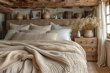Modern bedroom with boho interior design showcasing a bed adorned with beige bedding set