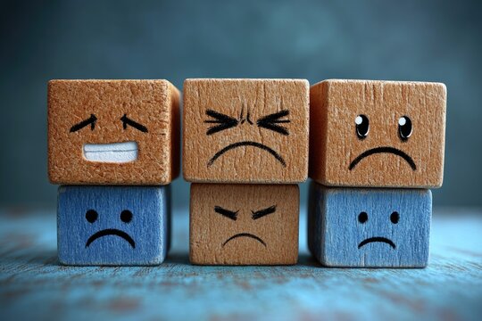 Wooden blocks with sad faces. Depicts emotions of sadness and unhappiness.