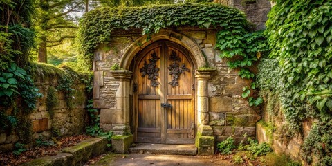 Obraz premium A stone archway adorned with vines, revealing a weathered wooden door that hints at secrets within.