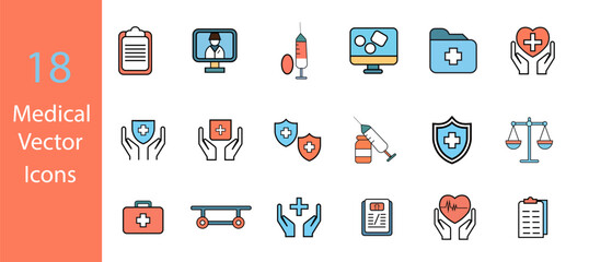 Medical and Healthcare web icons in color style. Medicine, dentistry, pharmacy, lab, scientific discovery. Vector illustration.