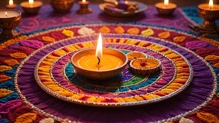 Celebrate Diwali: Festival of Lights with Diya Lamps, Colorful Rangoli, and Bright Floral Decorations &ndash; Greetings for the Hindu Festival of Deepavali. Generative AI