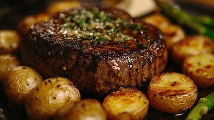 Plated filet mignon topped with herb butter, served alongside roasted baby potatoes and sautÃ©ed asparagus for a fine dining experience