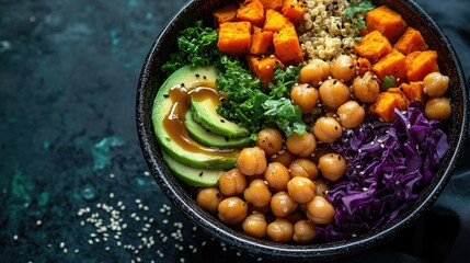 Rainbow Buddha bowl with quinoa, roasted chickpeas, sweet potatoes, purple cabbage, and avocado slices, topped with a tahini dressing drizzle
