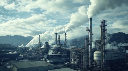 Industrial plant emissions under a cloudy sky, representing the environmental impact of chemical production.