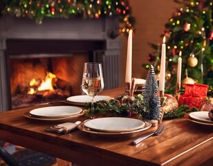 Holiday table with Christmas tree and fireplace