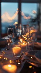 Cozy Evening Dinner Setting with Candlelight and Bokeh Lights in a Warm, Inviting Atmosphere