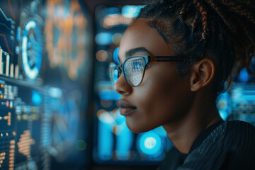 A woman is sitting in front of a computer screen with a lot of numbers and graphs. Programmer or IT person in glasses reading script, programming and cybersecurity research on computer