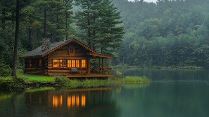 Fototapeta premium Relaxing lakeside cabin surrounded by a pine forest
