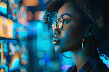 A woman is sitting in front of a computer screen with a lot of numbers and graphs. Programmer or IT person in glasses reading script, programming and cybersecurity research on computer