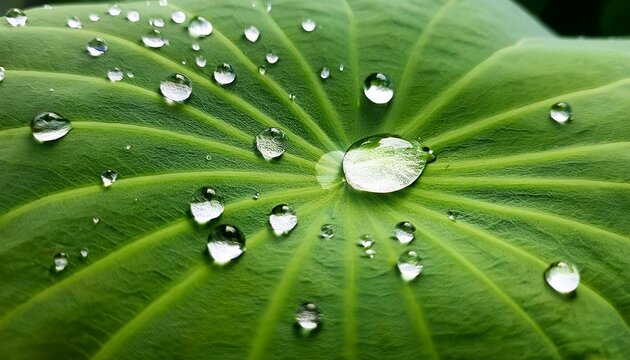 A macro shot of water droplets beading up on a lotus leaf, showing the hydrophobic texture.