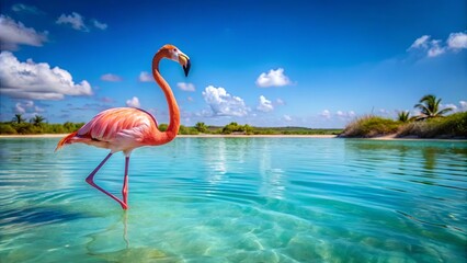 A Single Flamingo Stands Tall in Shallow, Crystal-Clear Water Against a Backdrop of Azure Sky and Fluffy Clouds