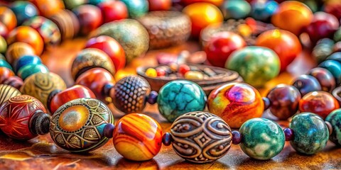Fototapeta premium A collection of intricately carved and polished gemstone beads, showcasing a kaleidoscope of colors and textures, strung together on a cord and resting upon a wooden surface.