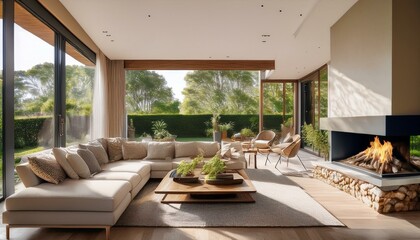 Fototapeta premium Modern Architektur Design Inneneinrichtung Wohnzimmer Luxus Villa Hell