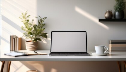A minimalist home office with clean lines, featuring a laptop, a notebook, and a cup of tea.