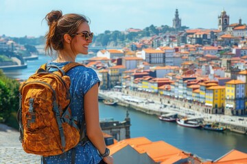 Woman with backpack overlooking city. Perfect for travel blogs, articles, or marketing materials showcasing travel and exploration.