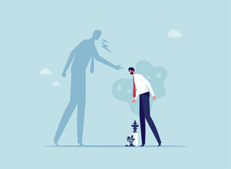 Anger or stress psychology concept, self criticism, negative critic thinking to blame yourself, guilt or depression to rant or inner anxiety, depressed businessman self shadow blame with megaphone