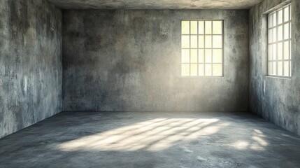 A dimly lit, empty room with concrete walls and windows, suggesting isolation or contemplation.