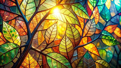 A Vivid Tapestry of Autumn Leaves, Each One Captured in Glass, Reflecting the Warmth of the Setting Sun