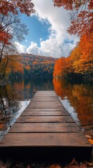 Wooden Dock Leading to a Lake in Autumn Forest Photo