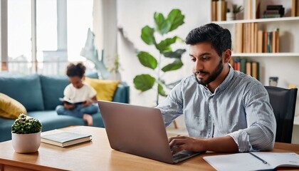 Fototapeta premium Parent balancing remote work with childcare, working at a desk while their child plays in the background, creating a family-friendly home office setup.