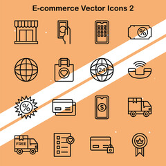 Collection of e-commerce icons illustrating online shopping and business suitable for digital marketing and retail themes.