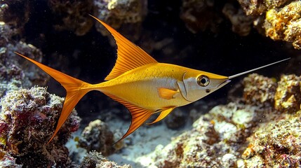 A yellow and white fish with long fins and a long snout swims in a coral reef.
