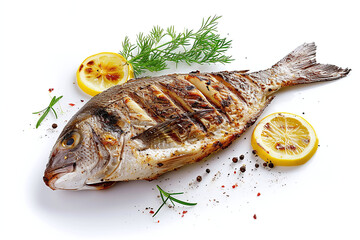 Roasted, grilled dorado or sea bream fish with lemon, organic healthy products. Detox and clean diet concept. Top view, flat lay Isolated on white background