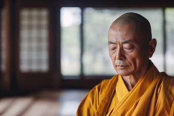 Fototapeta premium A serene Buddhist monk in traditional robes meditating peacefully indoors at dawn