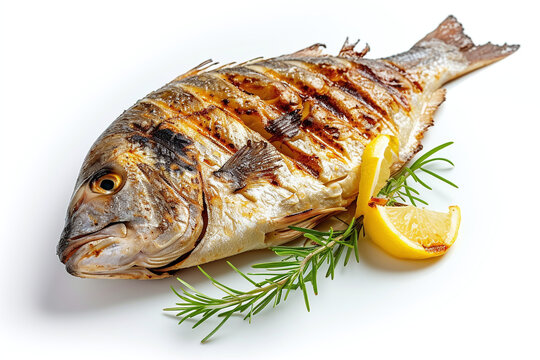 Roasted, grilled dorado or sea bream fish with lemon, organic healthy products. Detox and clean diet concept. Top view, flat lay Isolated on white background
