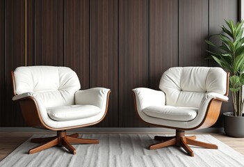 Two white leather swivel chairs with wooden elements near dark wooden paneling wall. Interior design of modern living room