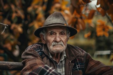 Elderly Man in Plaid Jacket and Hat Sitting Outdoors in Autumnal Setting with Leaves