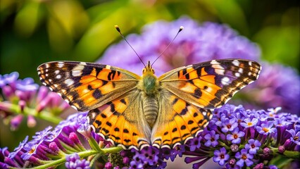 Obraz premium A Vibrant Butterfly with Striking Orange and Black Patterns Perched Delicately on a Cluster of Purple Flowers